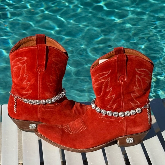 Christmas Red, Dan Post, Red Suede Cowboy Boots with Rhinestone Accents, size 10 - Picture 3 of 6